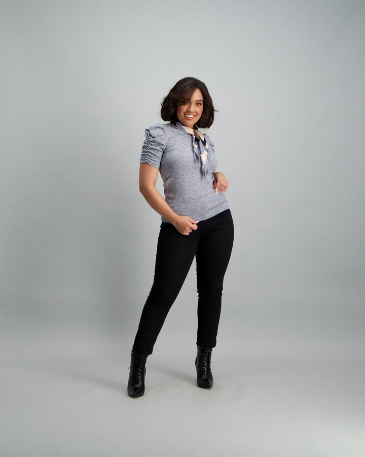 Ladies Puff Sleeve Cut n Sew Top - Charcoal