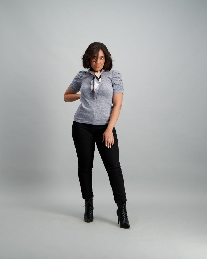 Ladies Puff Sleeve Cut n Sew Top - Charcoal