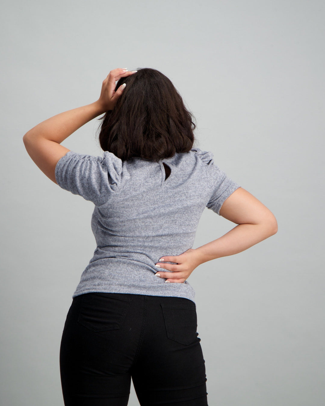 Ladies Puff Sleeve Cut n Sew Top - Charcoal