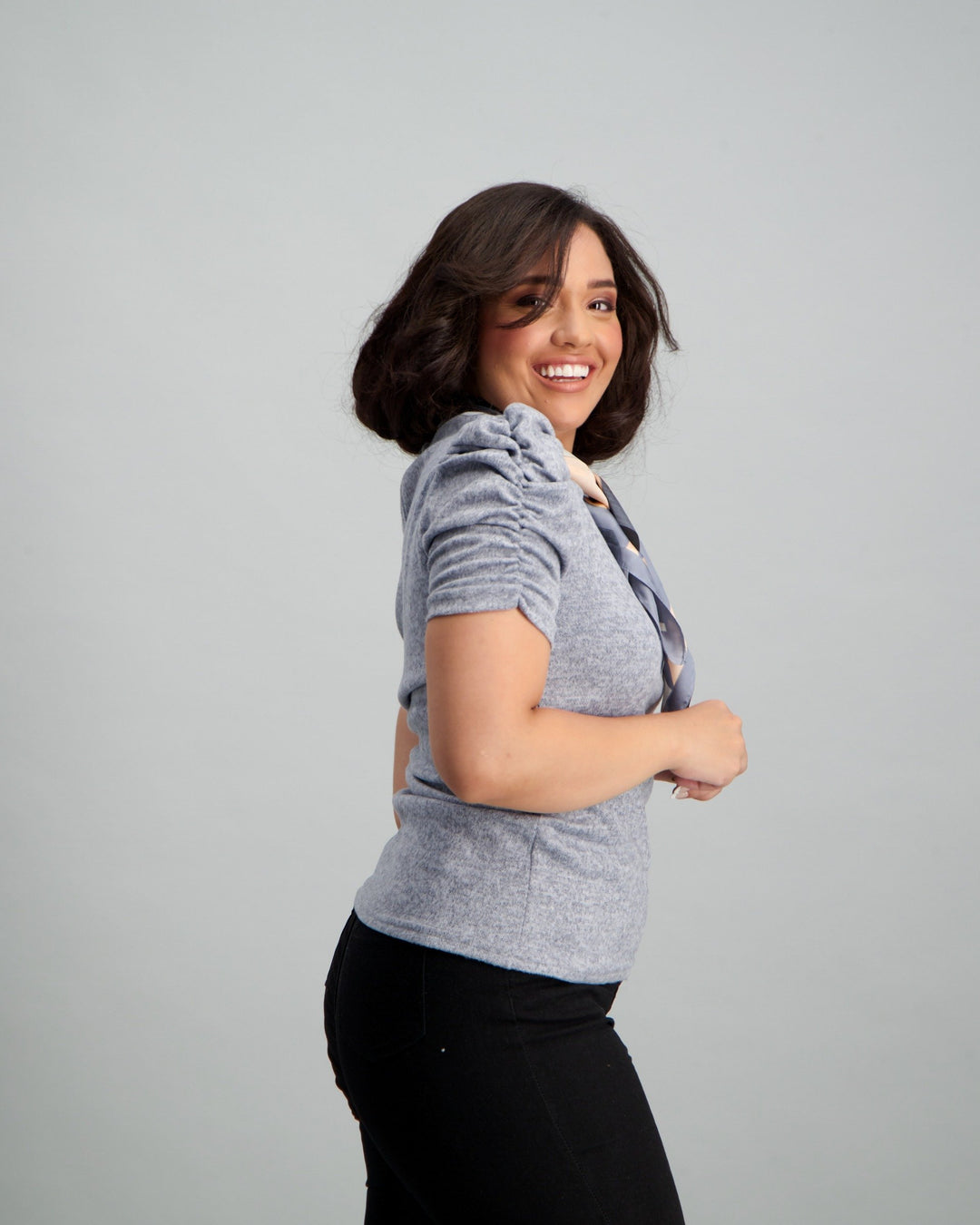 Ladies Puff Sleeve Cut n Sew Top - Charcoal