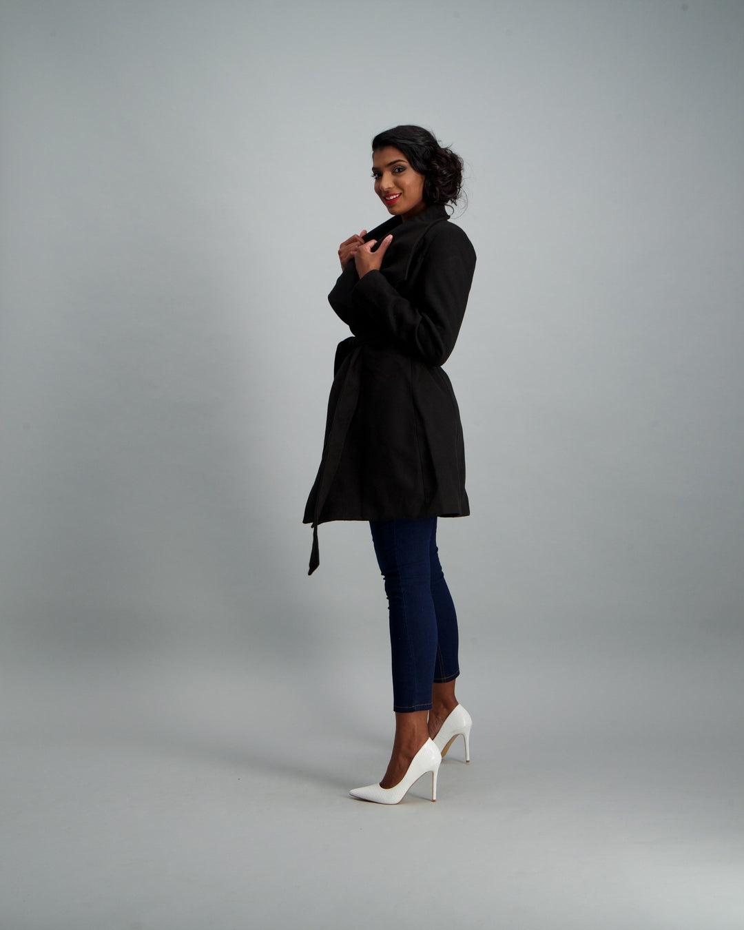 Ladies Belted Wrap Coat - Black