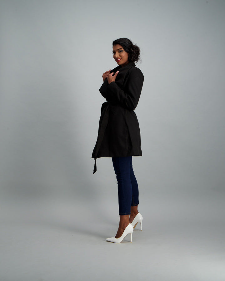 Ladies Belted Wrap Coat - Black