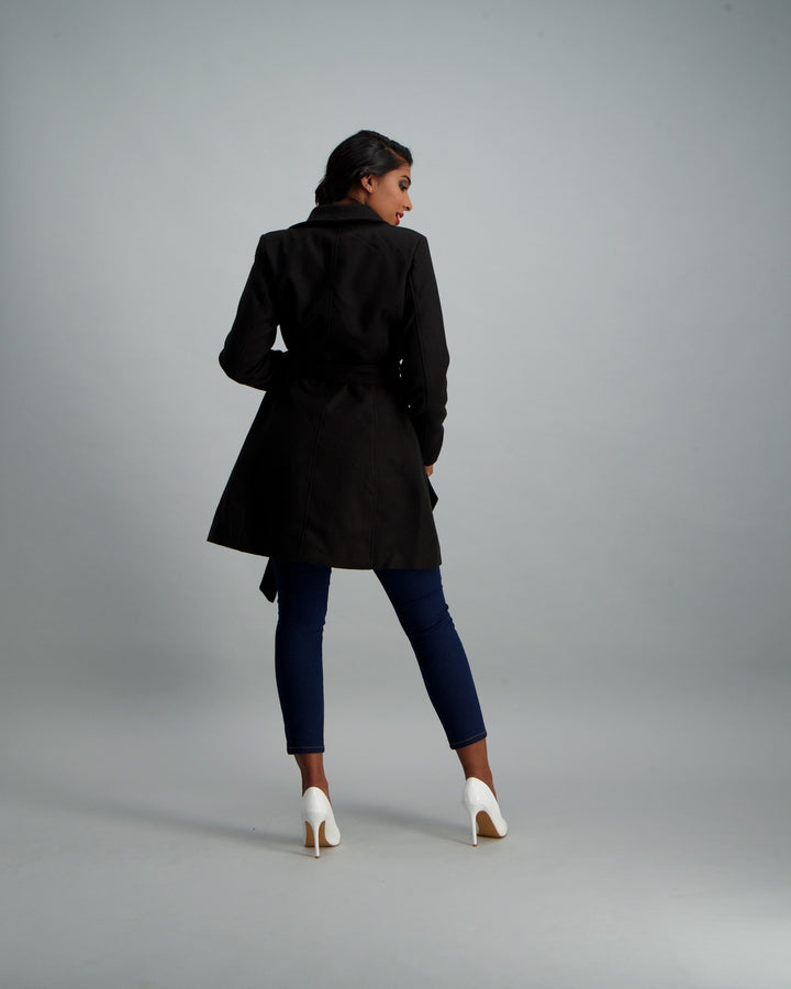 Ladies Belted Wrap Coat - Black