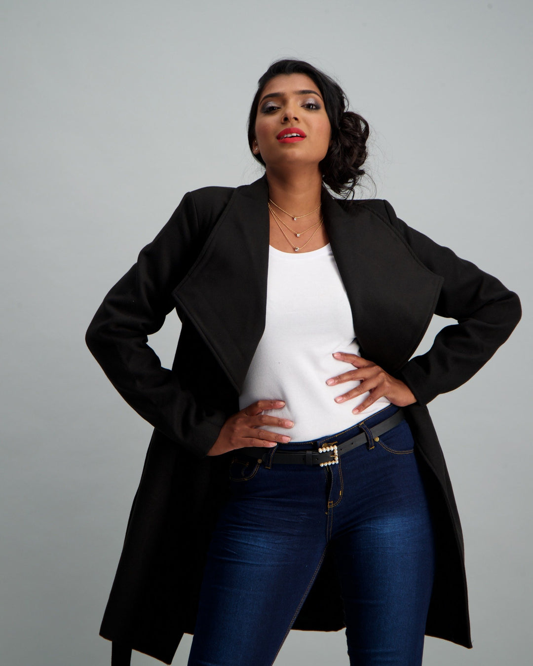 Ladies Belted Wrap Coat - Black