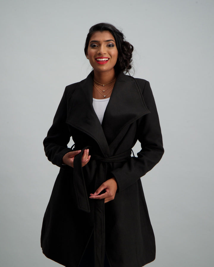 Ladies Belted Wrap Coat - Black