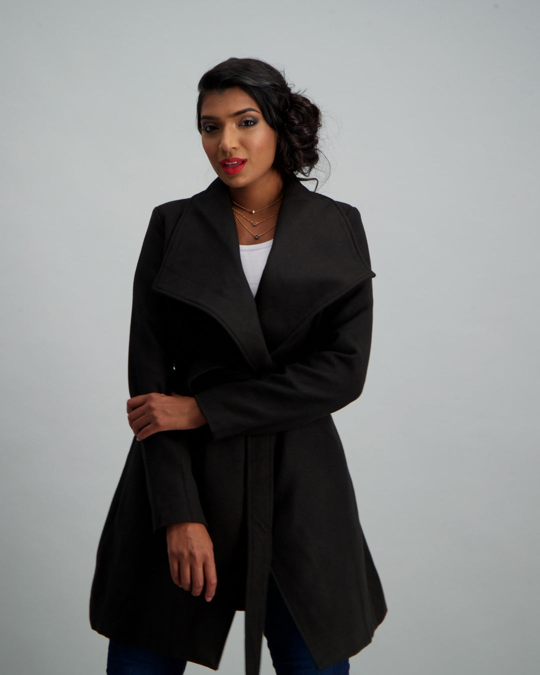 Ladies Belted Wrap Coat - Black