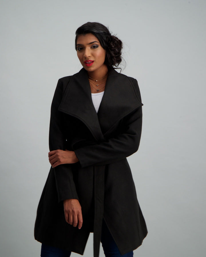 Ladies Belted Wrap Coat - Black