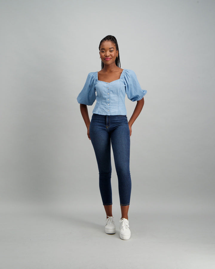 Ladies Button Through Denim Blouse - Stonewash