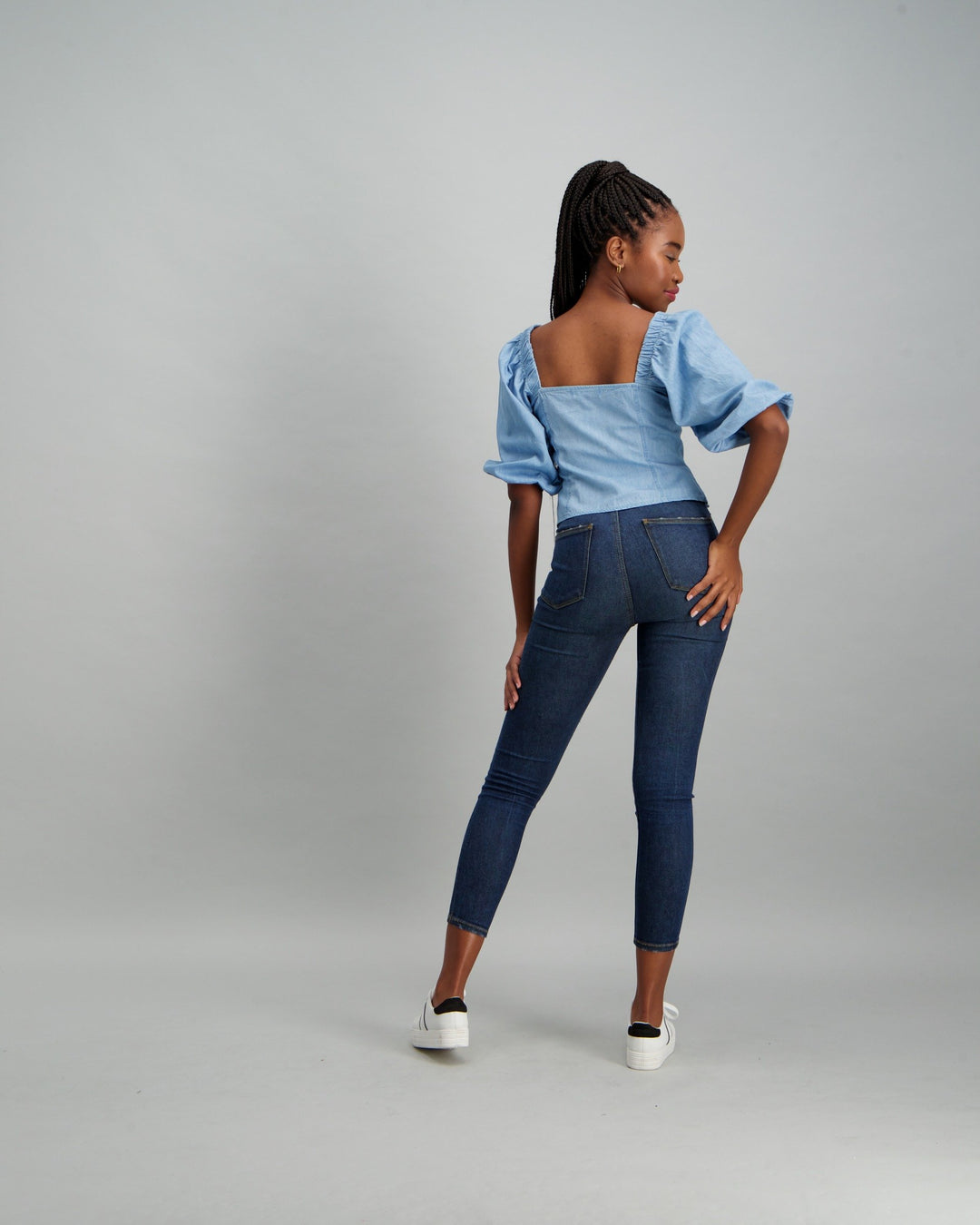 Ladies Button Through Denim Blouse - Stonewash