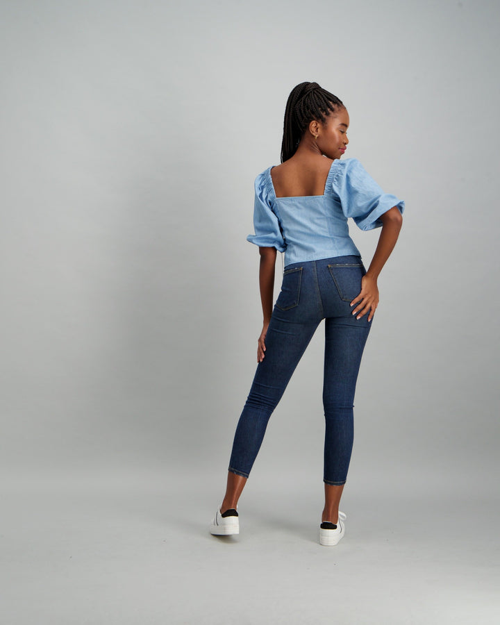 Ladies Button Through Denim Blouse - Stonewash