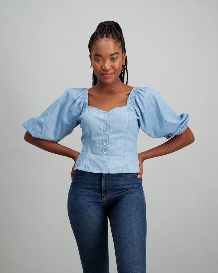 Ladies Button Through Denim Blouse - Stonewash