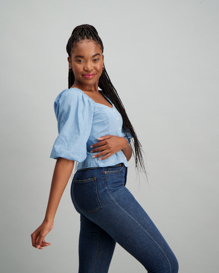 Ladies Button Through Denim Blouse - Stonewash