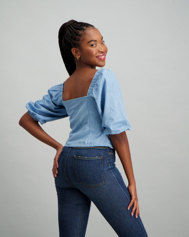 Ladies Button Through Denim Blouse - Stonewash