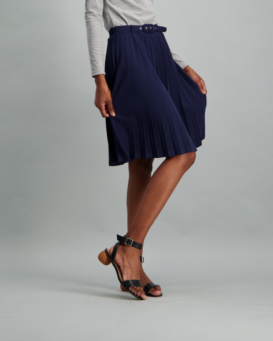 Ladies-Belted Pleated Skirt Navy
