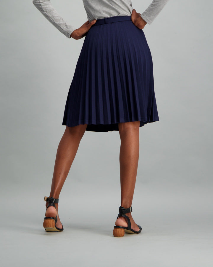Ladies-Belted Pleated Skirt Navy