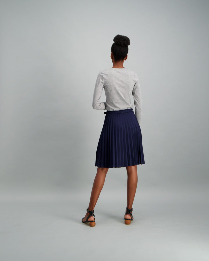 Ladies-Belted Pleated Skirt Navy