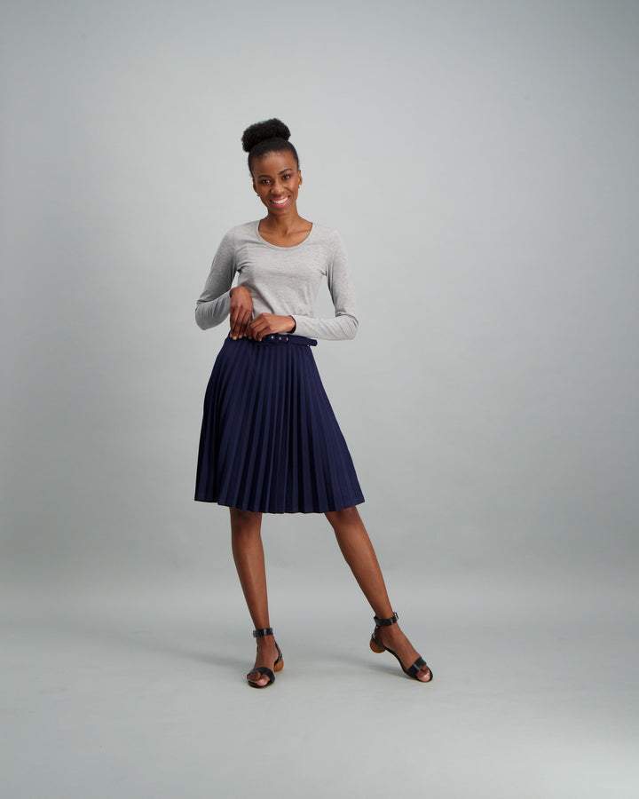 Ladies-Belted Pleated Skirt Navy