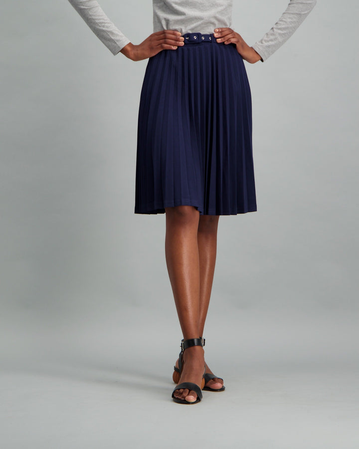 Ladies-Belted Pleated Skirt Navy