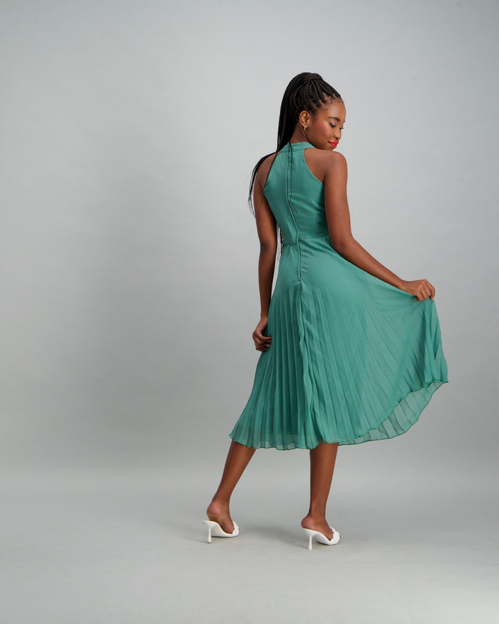 Ladies Pleated Dress with Belt Detail - Seaweed Green