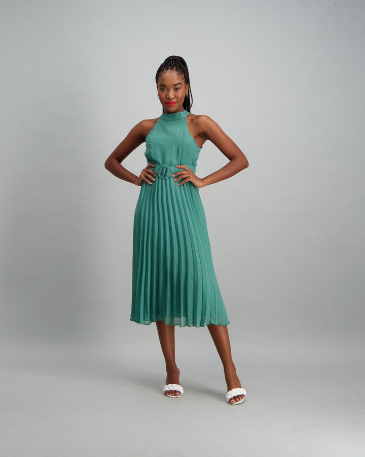 Ladies Pleated Dress with Belt Detail - Seaweed Green
