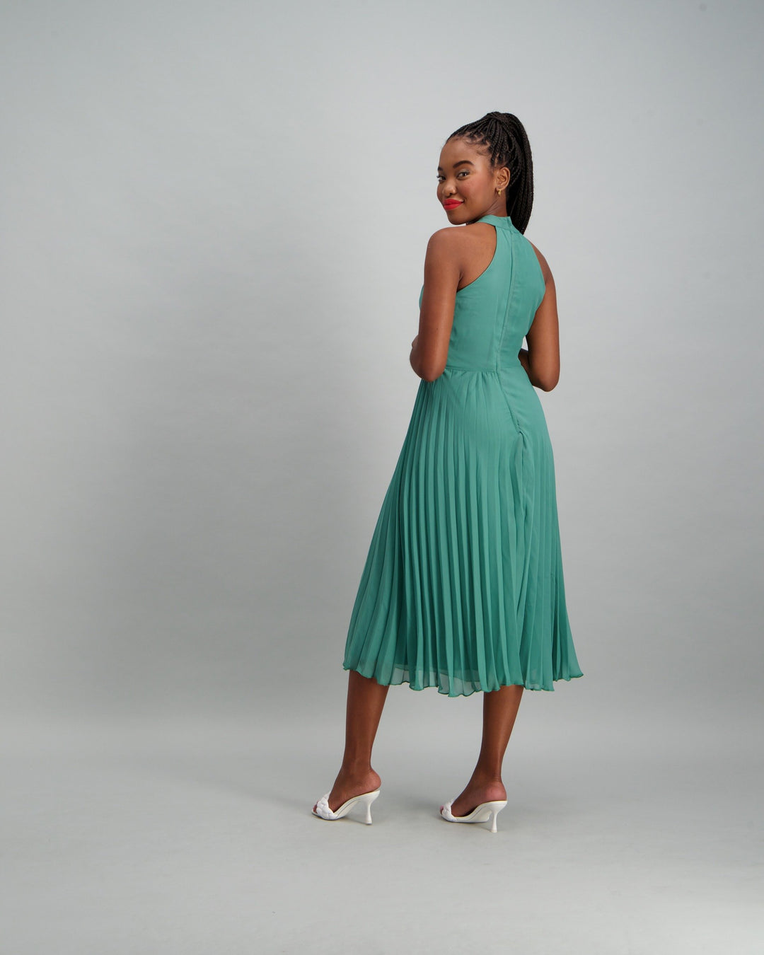 Ladies Pleated Dress with Belt Detail - Seaweed Green