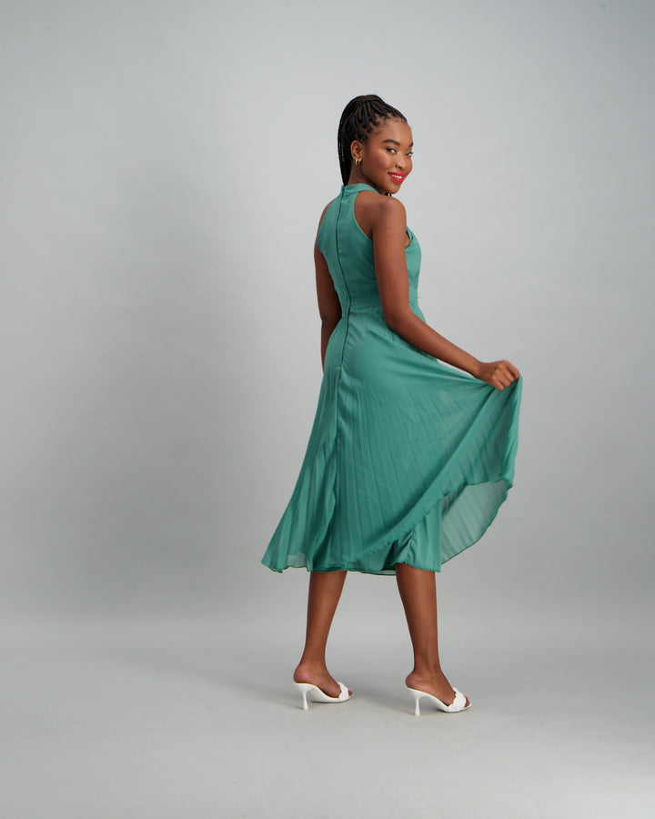 Ladies Pleated Dress with Belt Detail - Seaweed Green