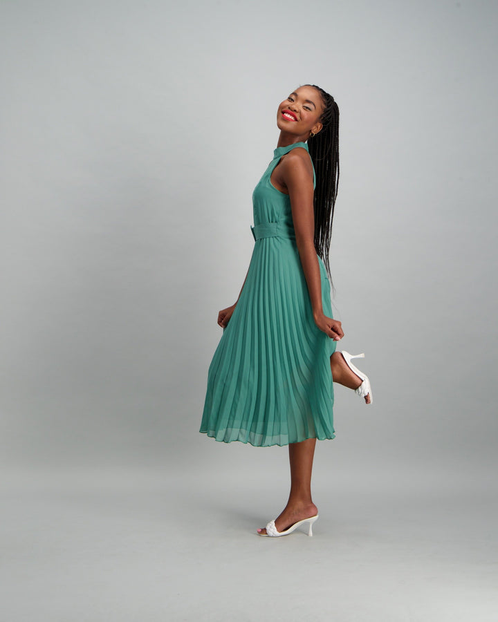 Ladies Pleated Dress with Belt Detail - Seaweed Green