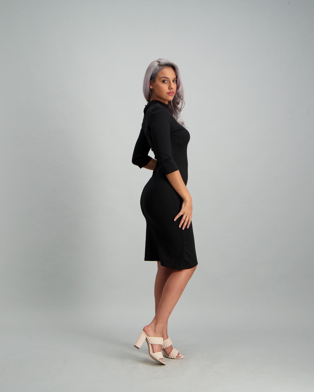Ladies 3/4 Bodycon Dress - Black