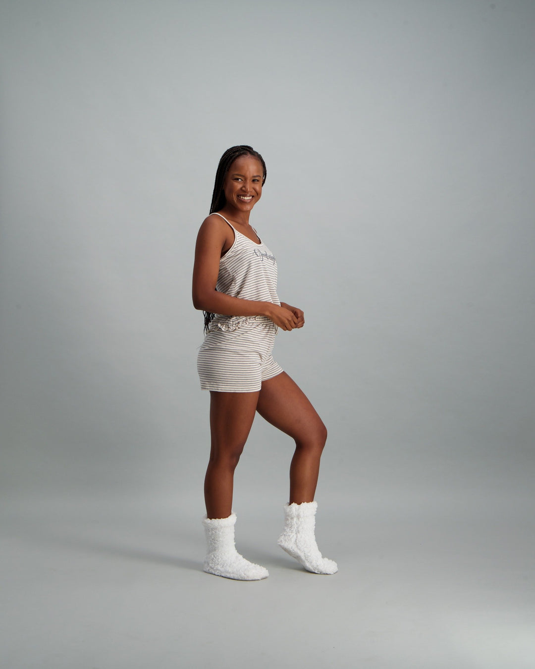 Ladies Stripped Yarn Pyjama Set - Grey