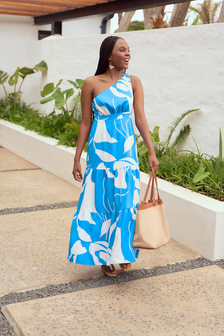 One Shoulder Knot Tiered Maxi Dress With Shirred Back - White/Blue