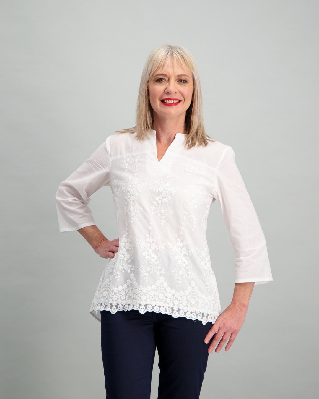 Ladies Lace Inset Top - White