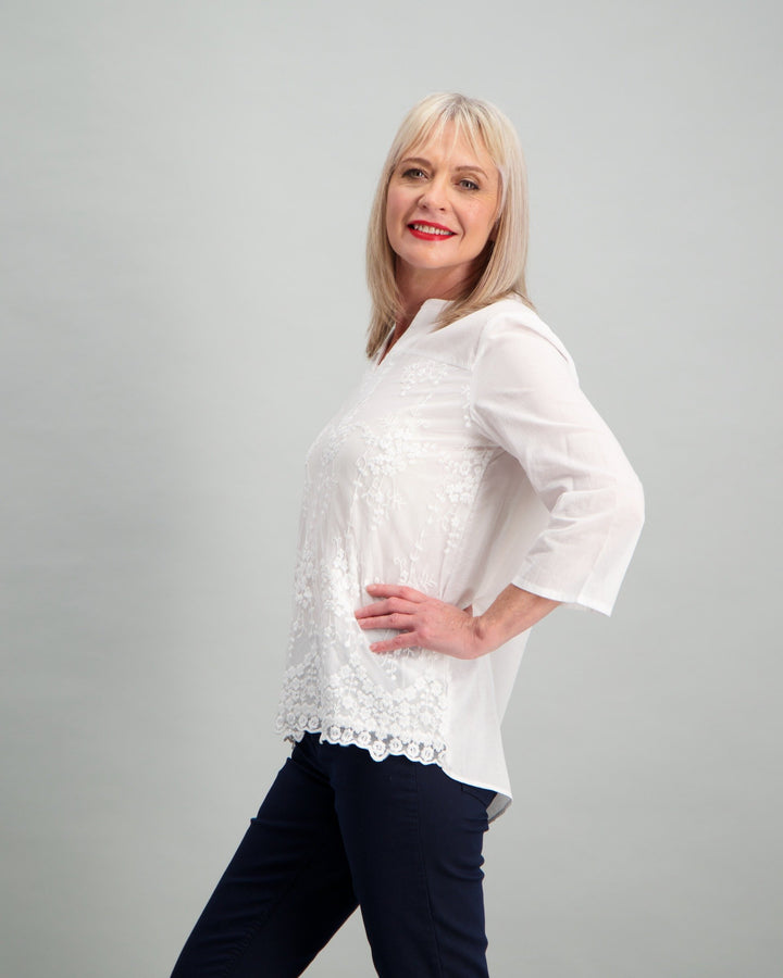 Ladies Lace Inset Top - White