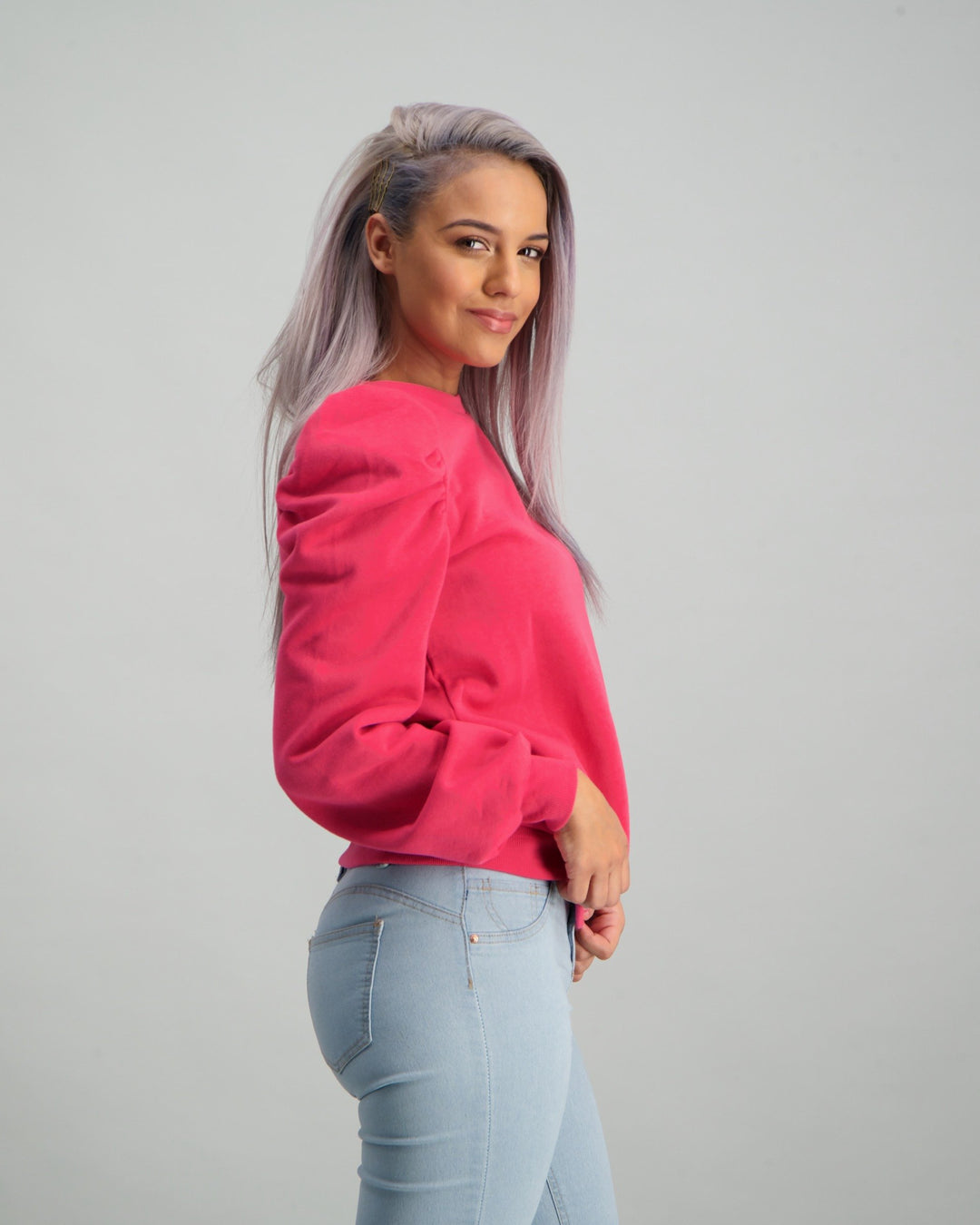 Ladies Puff Sleeve Sweater - Pink