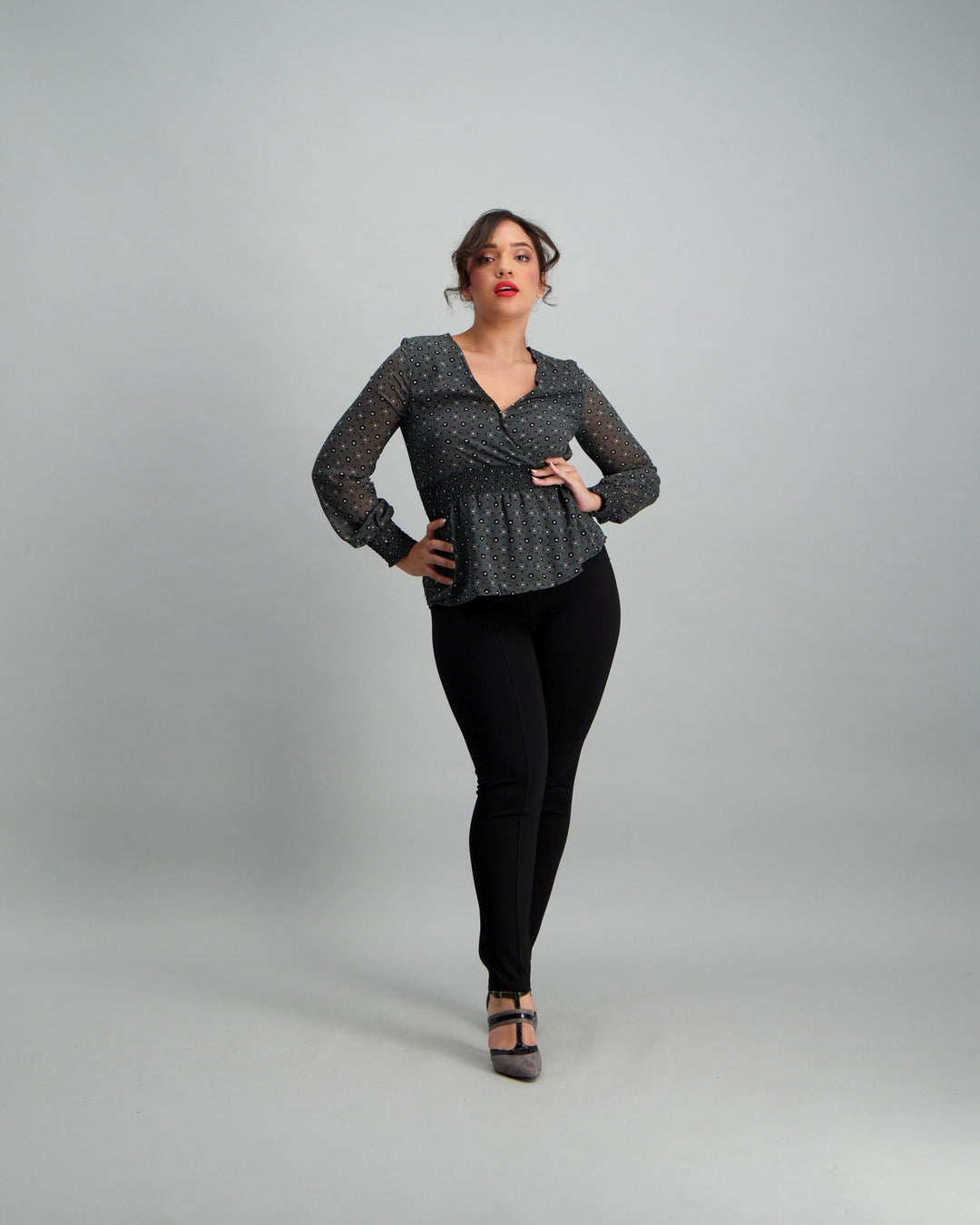 Ladies Heart Print Wrap Blouse - Black/White