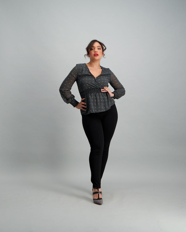 Ladies Heart Print Wrap Blouse - Black/White