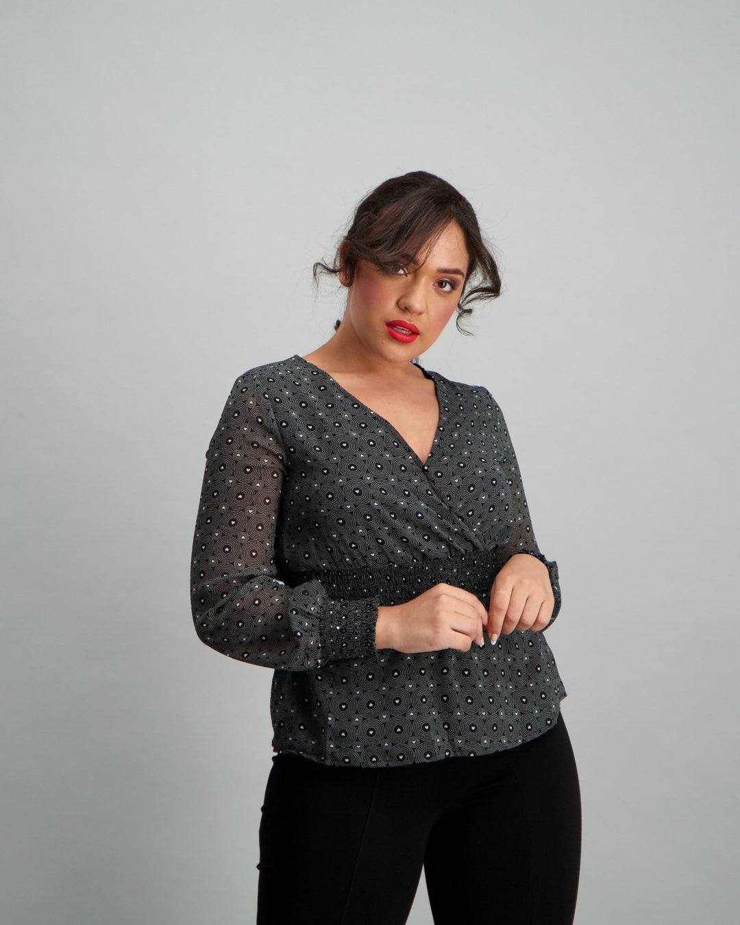 Ladies Heart Print Wrap Blouse - Black/White