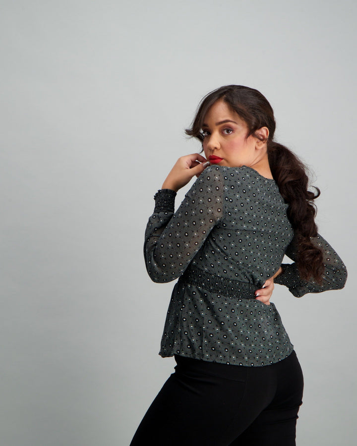 Ladies Heart Print Wrap Blouse - Black/White