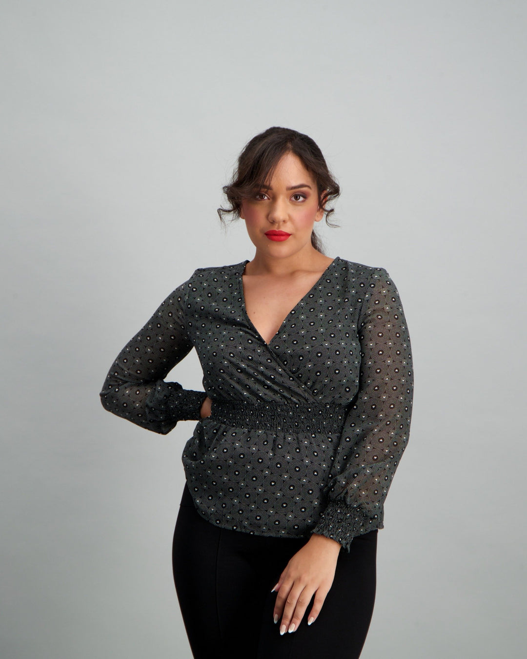 Ladies Heart Print Wrap Blouse - Black/White