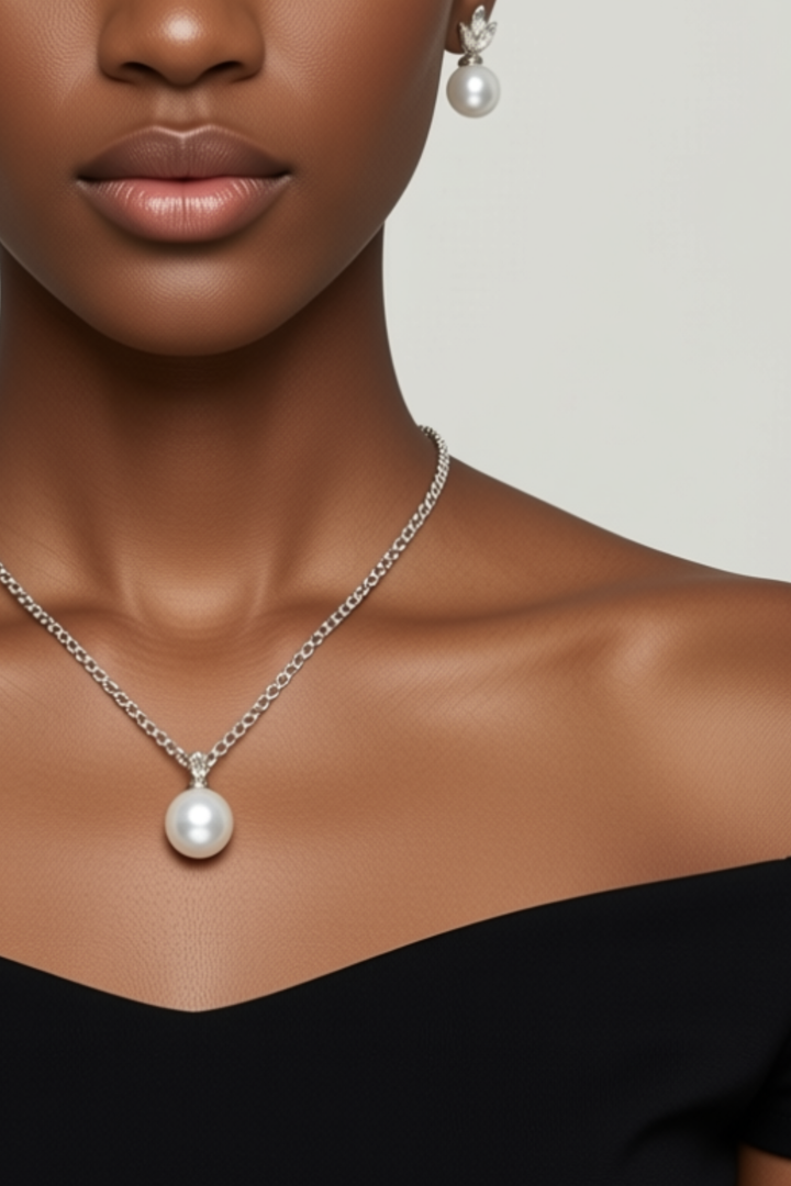 2 Pack Diamante Pearl Bead Stud & Pendant Set - Silver