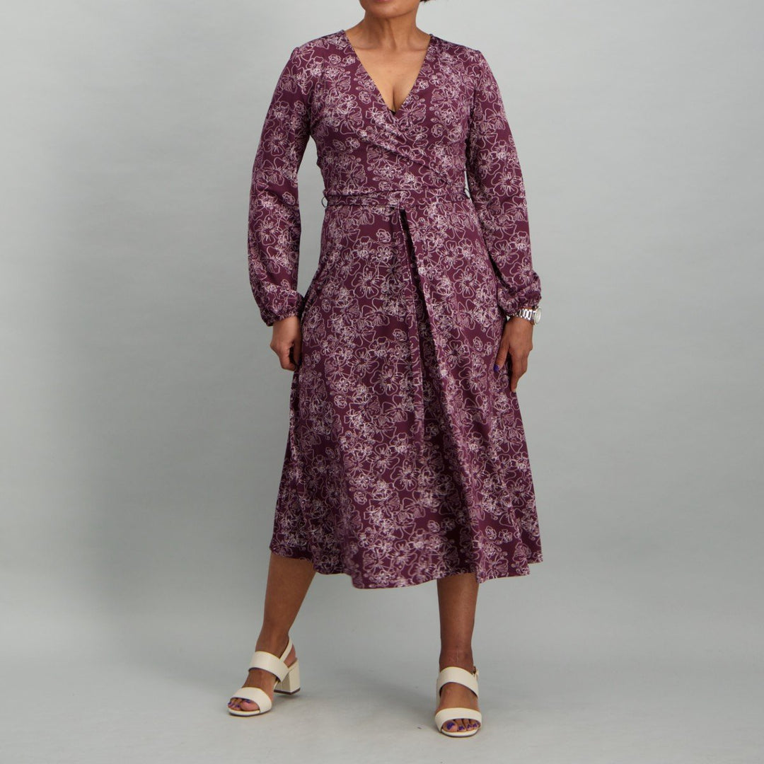 Ladies Print Side Drape Dress - Burgundy
