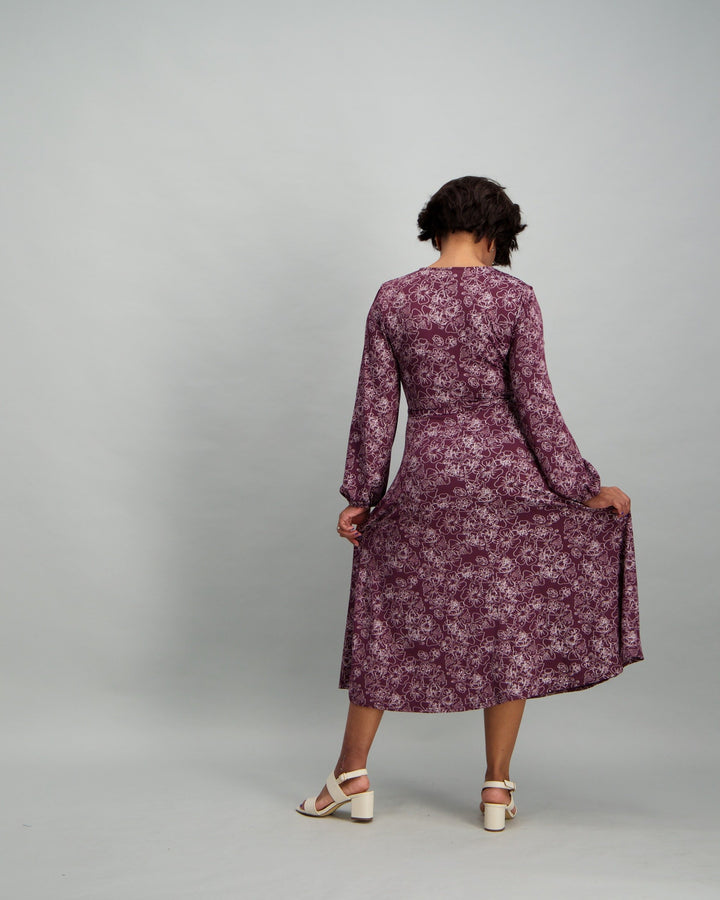 Ladies Print Side Drape Dress - Burgundy