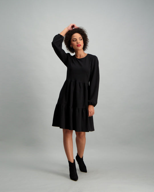 Ladies Long Sleeve Tiered Dress Black Edgars