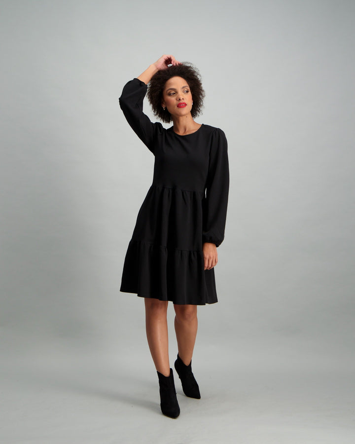 Ladies Long Sleeve Tiered Dress - Black