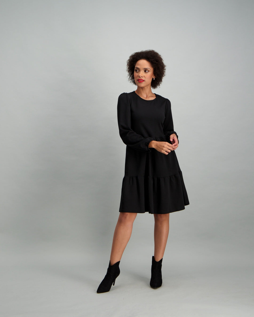 Ladies Long Sleeve Tiered Dress - Black