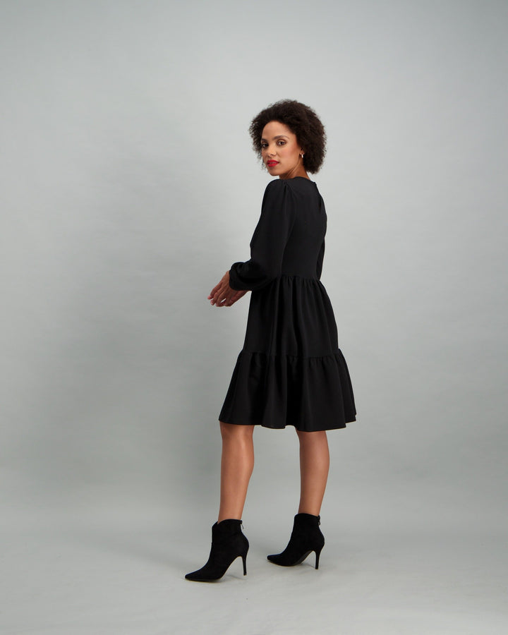 Ladies Long Sleeve Tiered Dress - Black