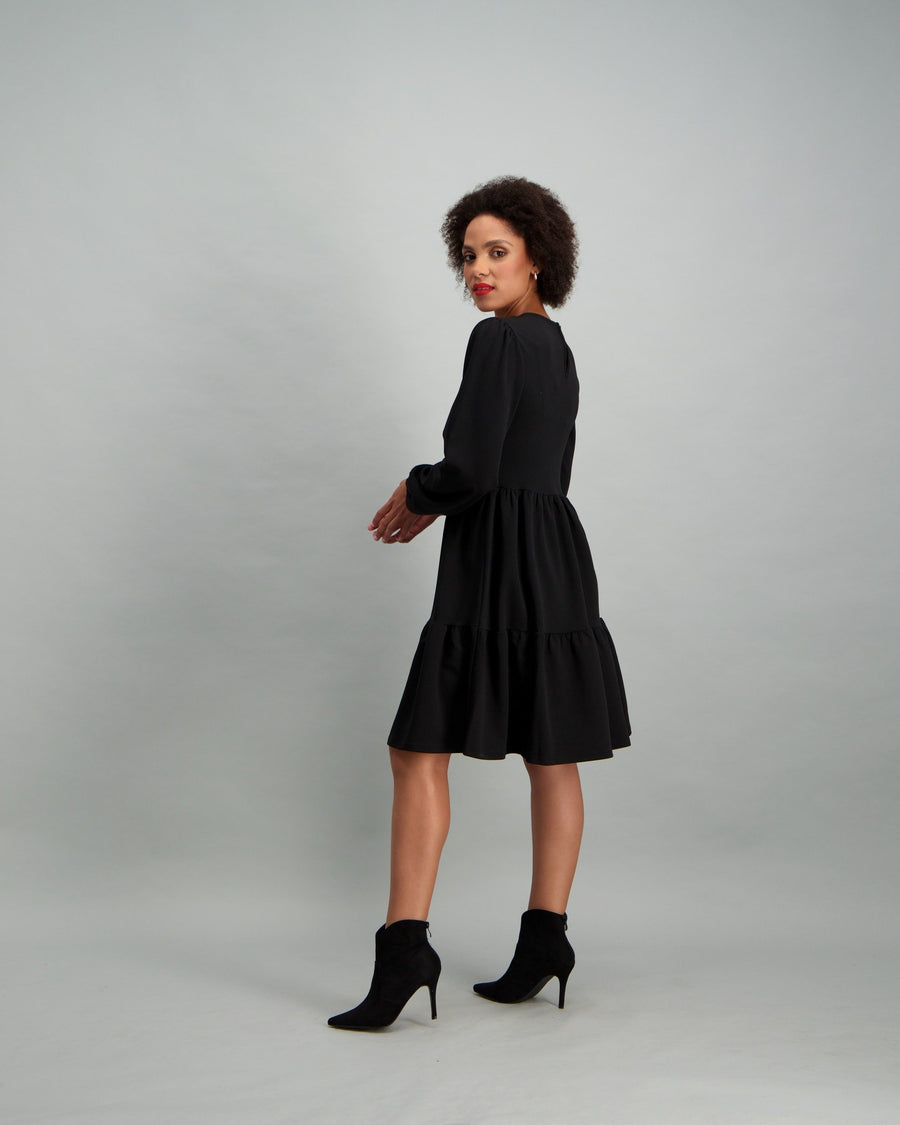Ladies Long Sleeve Tiered Dress Black Edgars