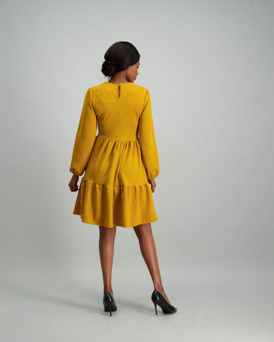 Ladies Long Sleeve Tiered Dress Mustard Edgars