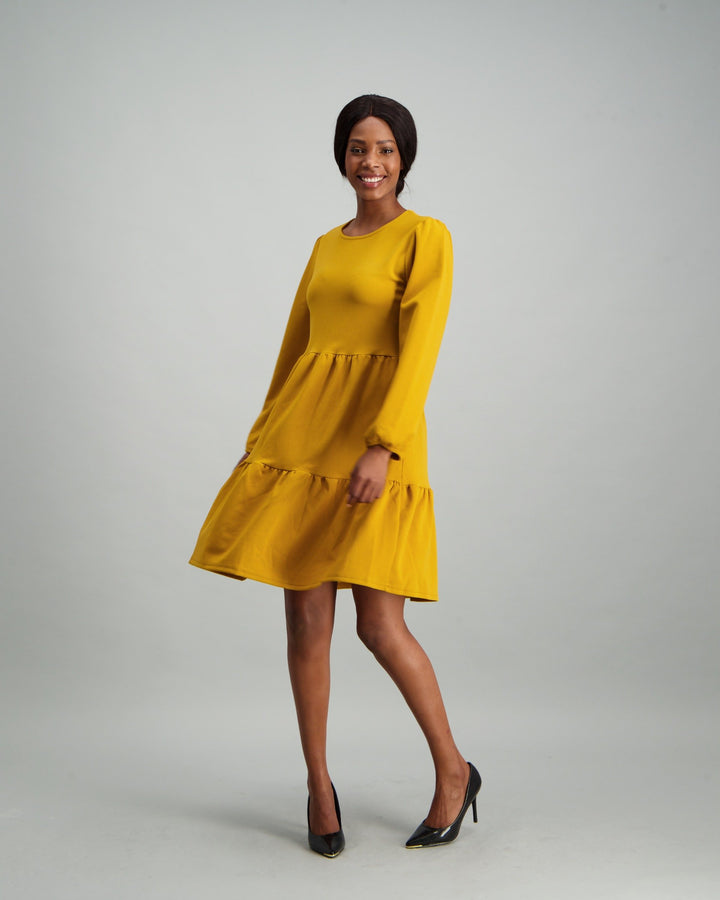 Ladies Long Sleeve Tiered Dress - Mustard