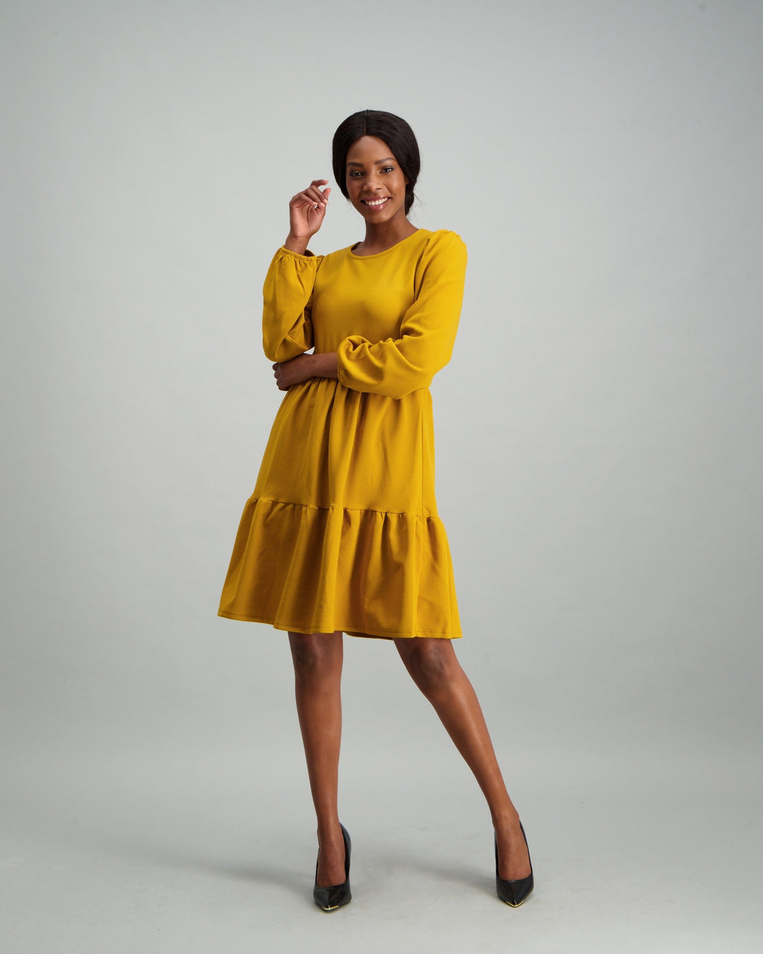 Ladies Long Sleeve Tiered Dress - Mustard