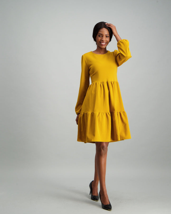 Ladies Long Sleeve Tiered Dress - Mustard